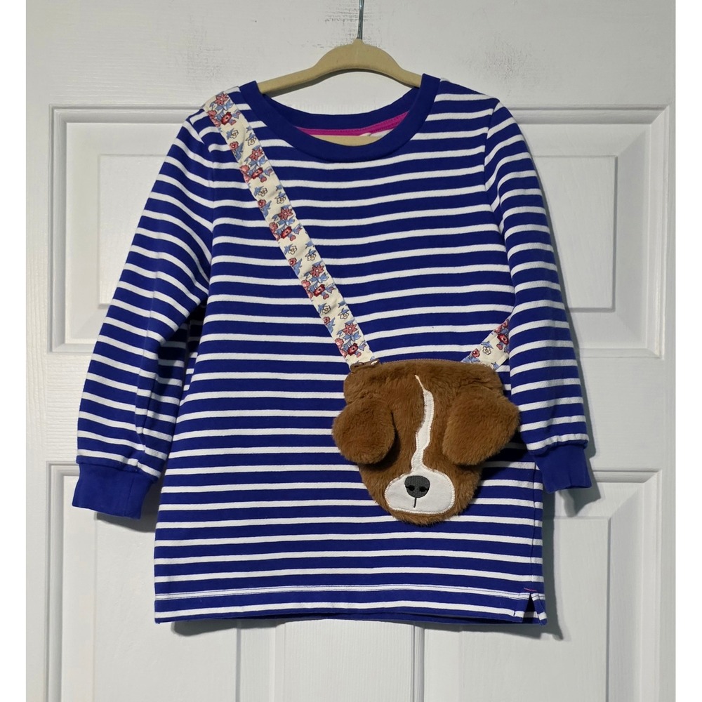 Mini Boden Girls Blue White Striped Puppy Dog Pouch Sweatshirt Dress 4-5Y